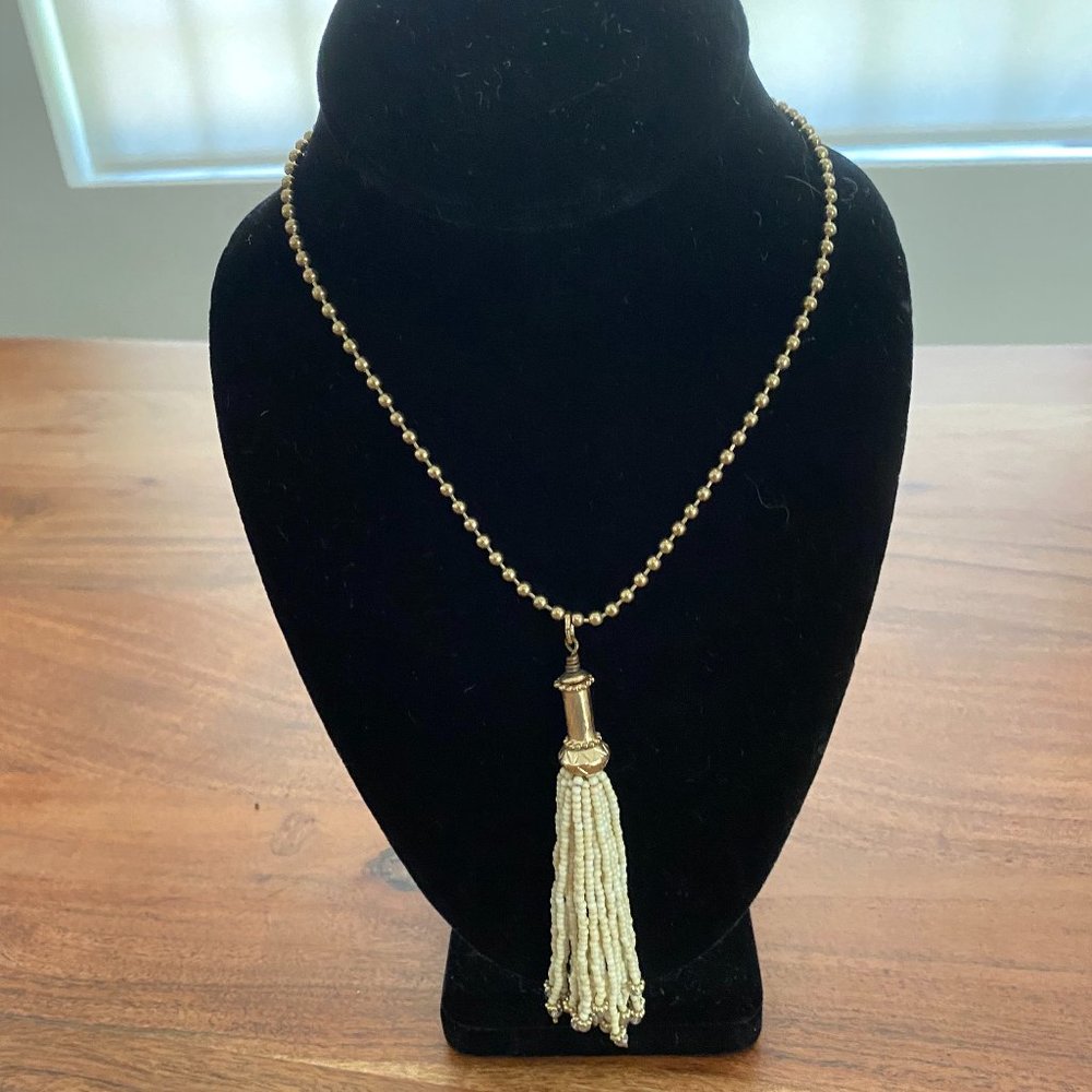 Vintage Ivory-Hued Beaded Tassel Pendant Necklace
